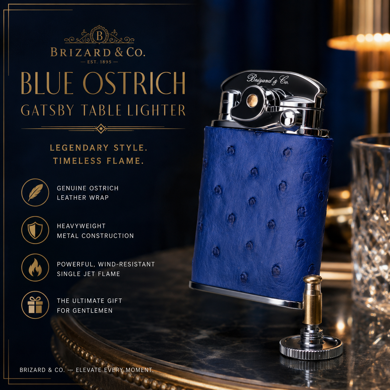 Brizard and Co. Gatsby Table Lighter — Blue Ostrich, New in Box