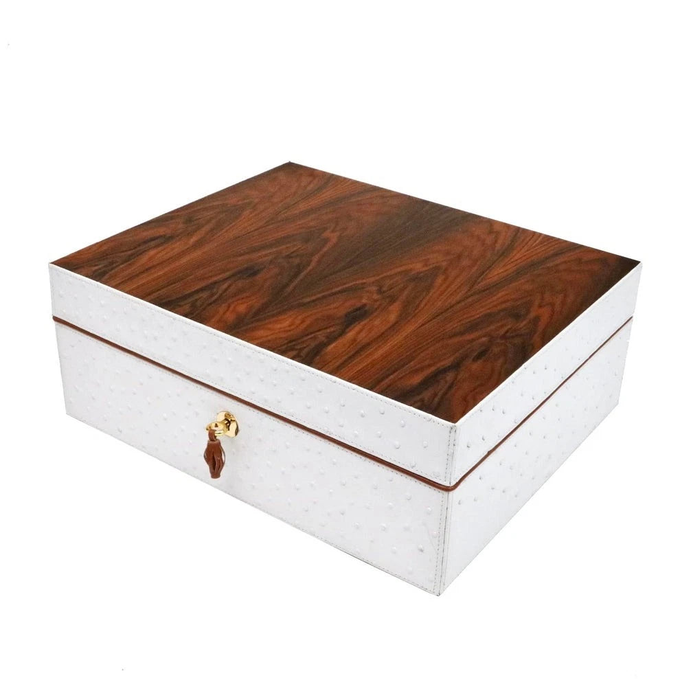 The "Airflow" Cigar Humidor - White Ostrich Leather and Rosewood, 60/70 Ct Collection
