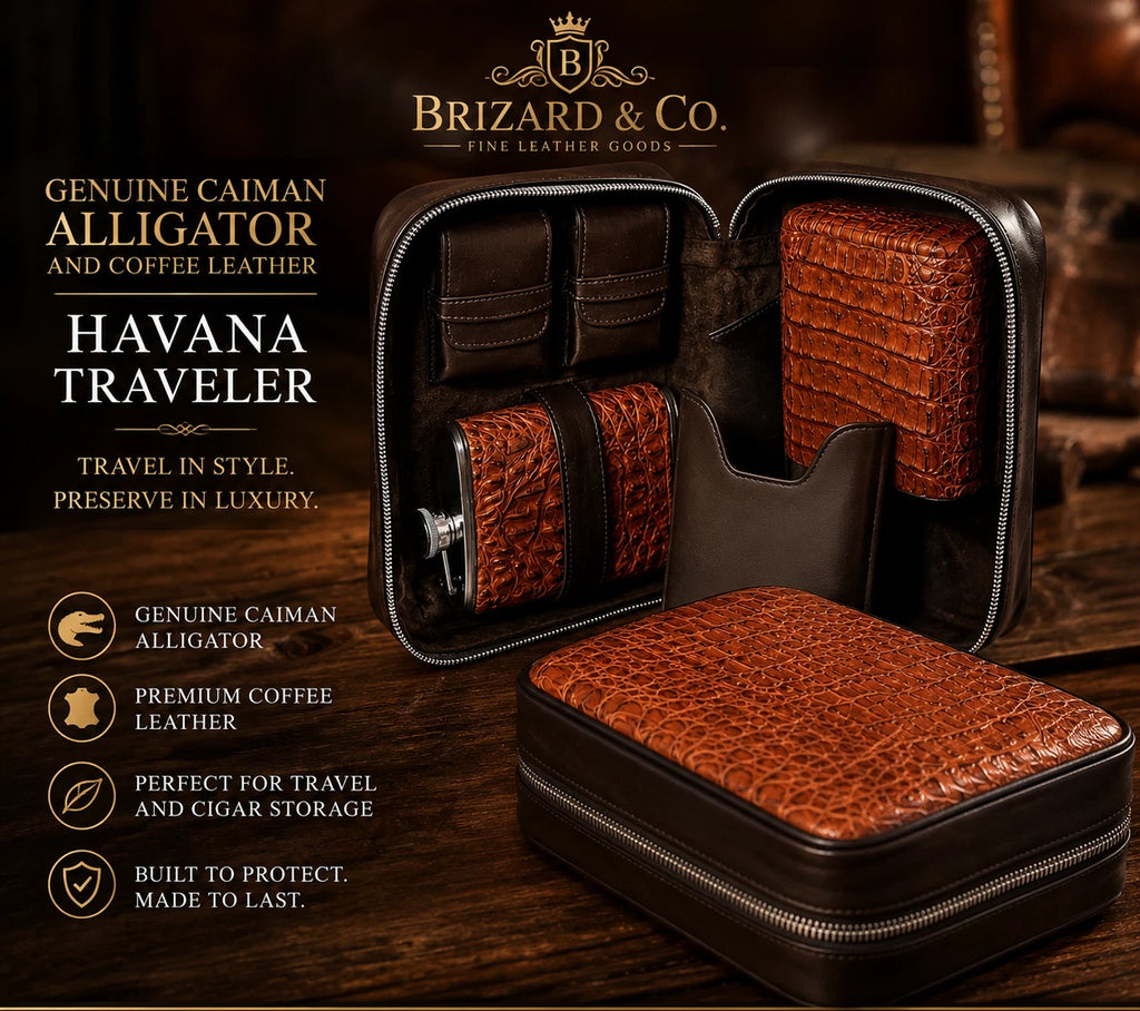 Brizard Genuine Cognac Caiman and Coffee Leather Havana Traveler NIB