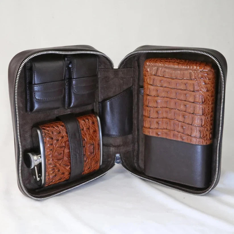 Brizard Genuine Cognac Caiman and Coffee Leather Havana Traveler NIB