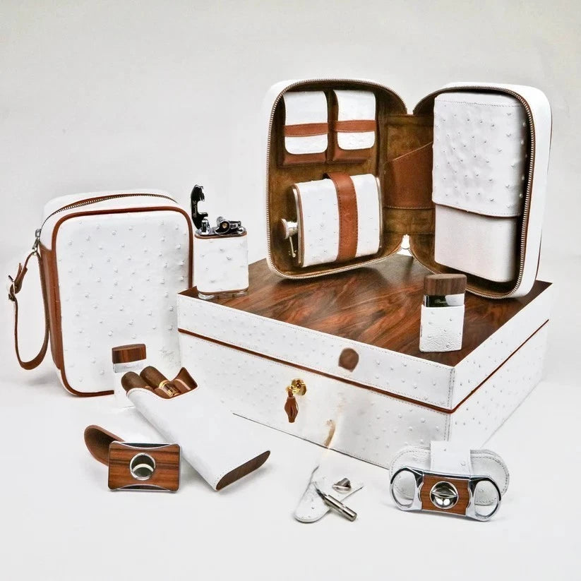 The "Airflow" Cigar Humidor - White Ostrich Leather and Rosewood, 60/70 Ct Collection