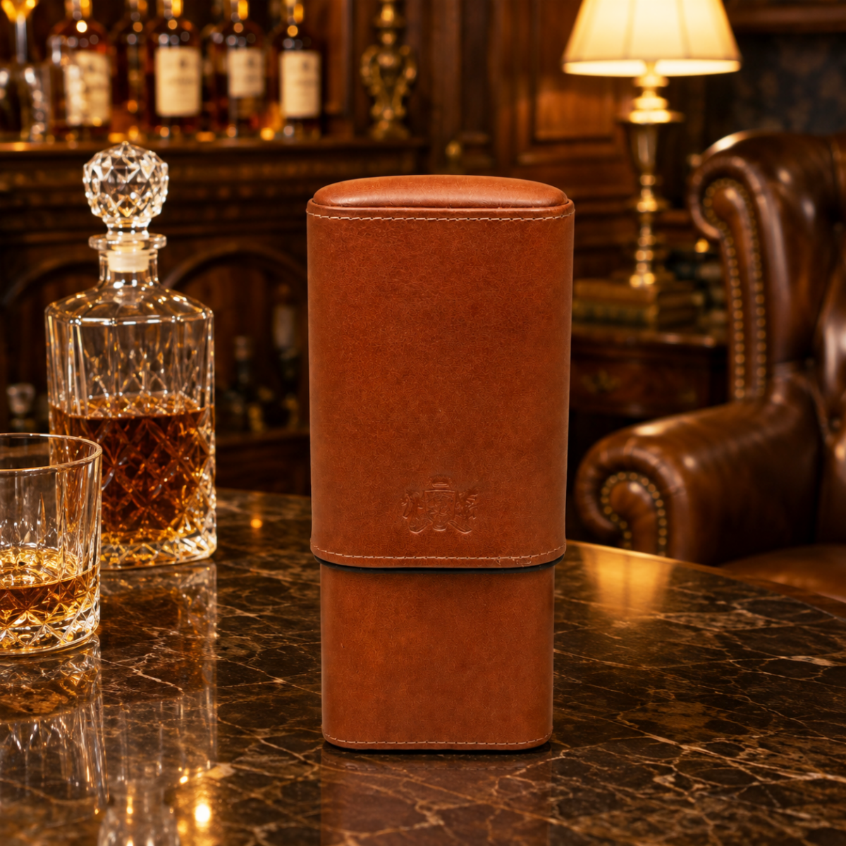 Showband 3-Cigar Holder Case – Whisky & Black Leather (NIB)
