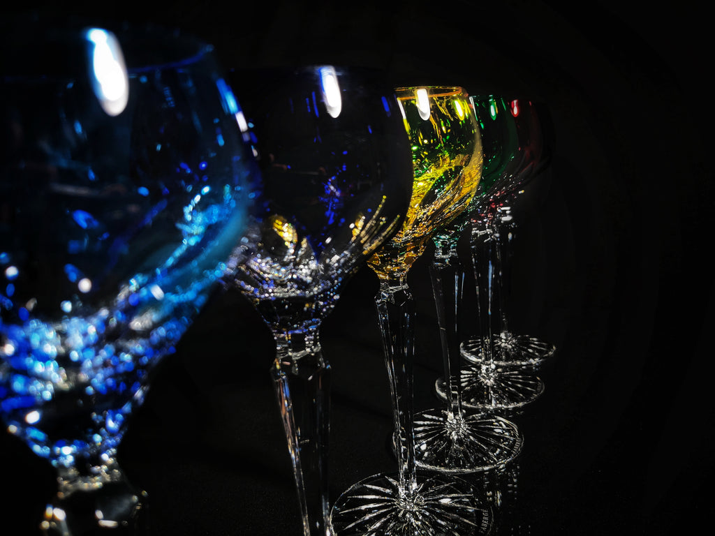 Faberge Colored Crystal Lausanne Hock Glasses. 8 1/2" H x 3 1/4" W