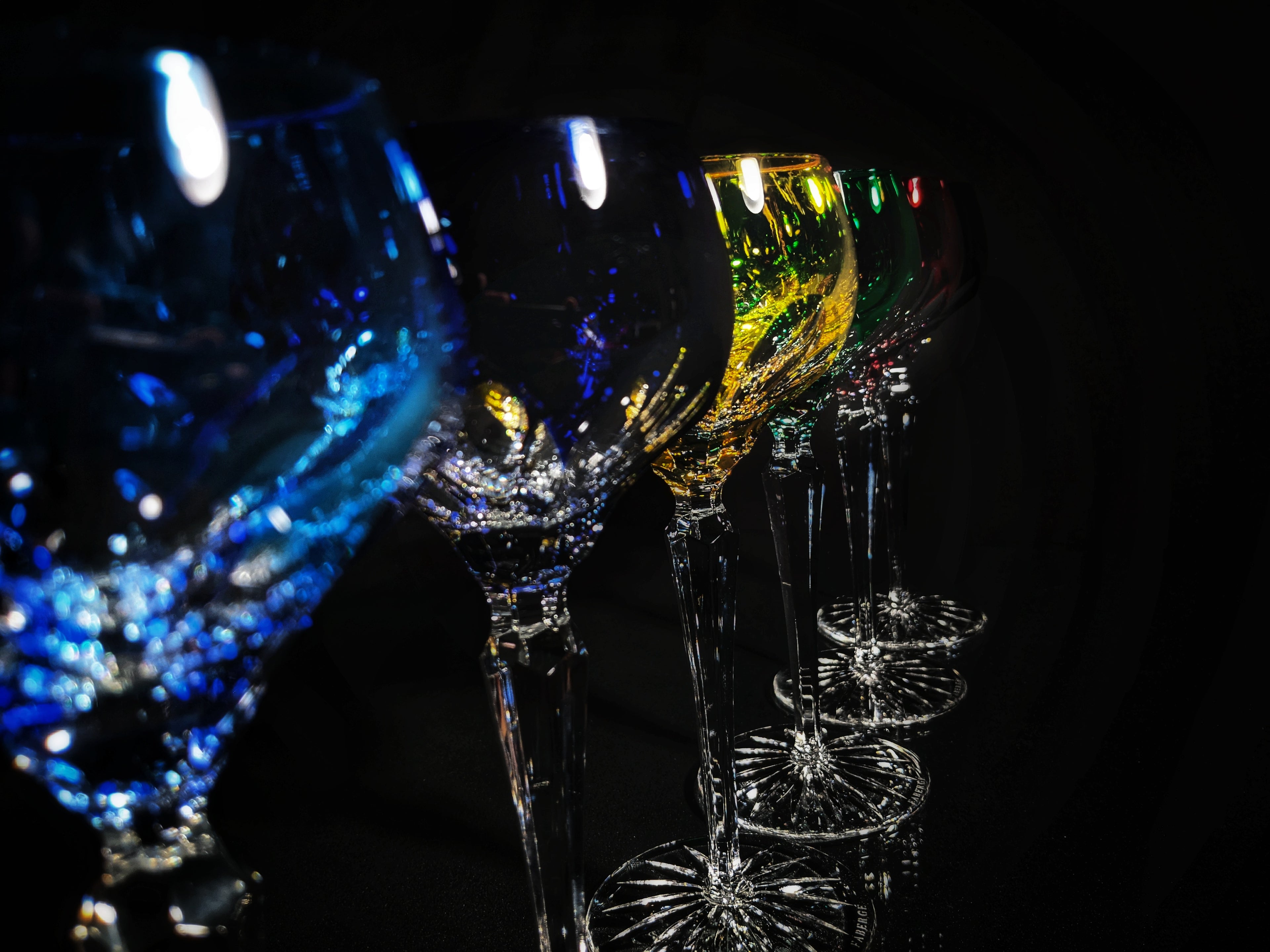 Faberge Colored Crystal Lausanne Hock Glasses. 8 1/2" H x 3 1/4" W