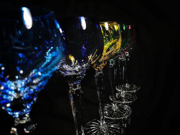 Faberge Colored Crystal Lausanne Hock Glasses. 8 1/2" H x 3 1/4" W