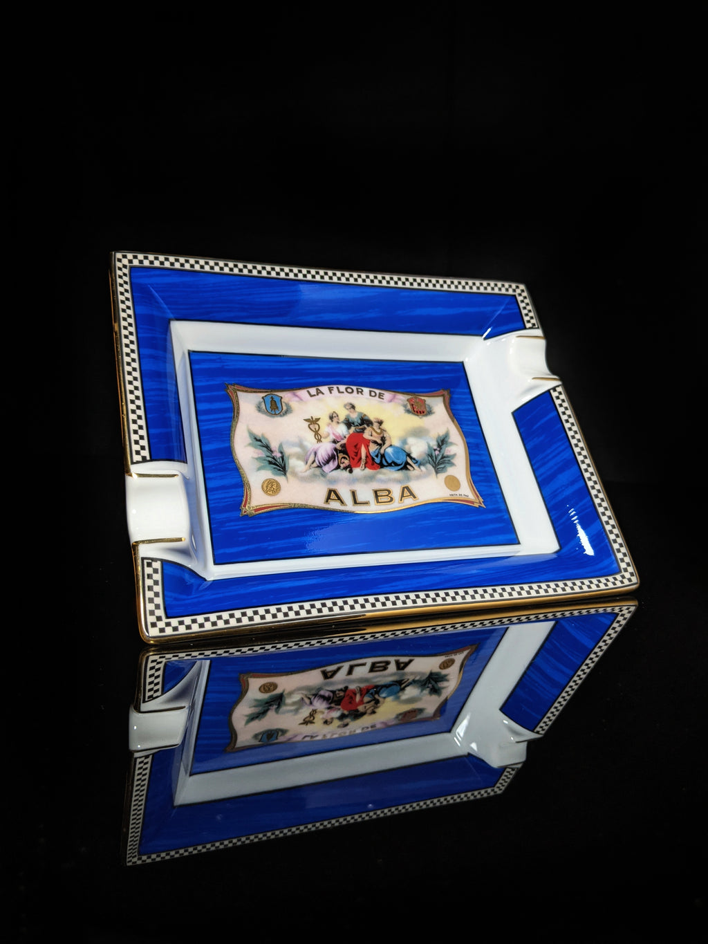 Elie Bleu Alba Porcelain Blue Ashtray with Gold Plated Rests NIB