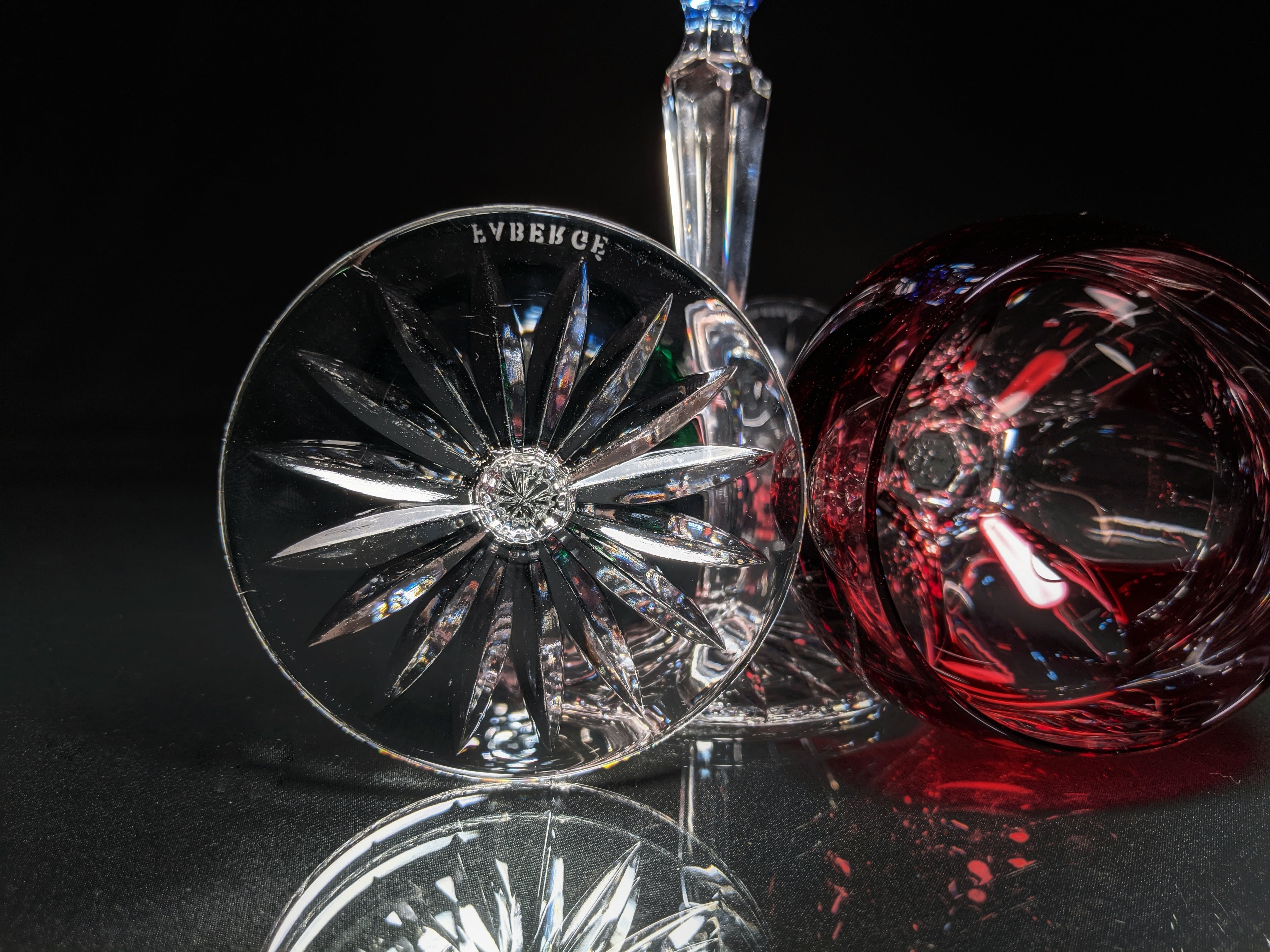 Faberge Colored Crystal Lausanne Hock Glasses. 8 1/2" H x 3 1/4" W