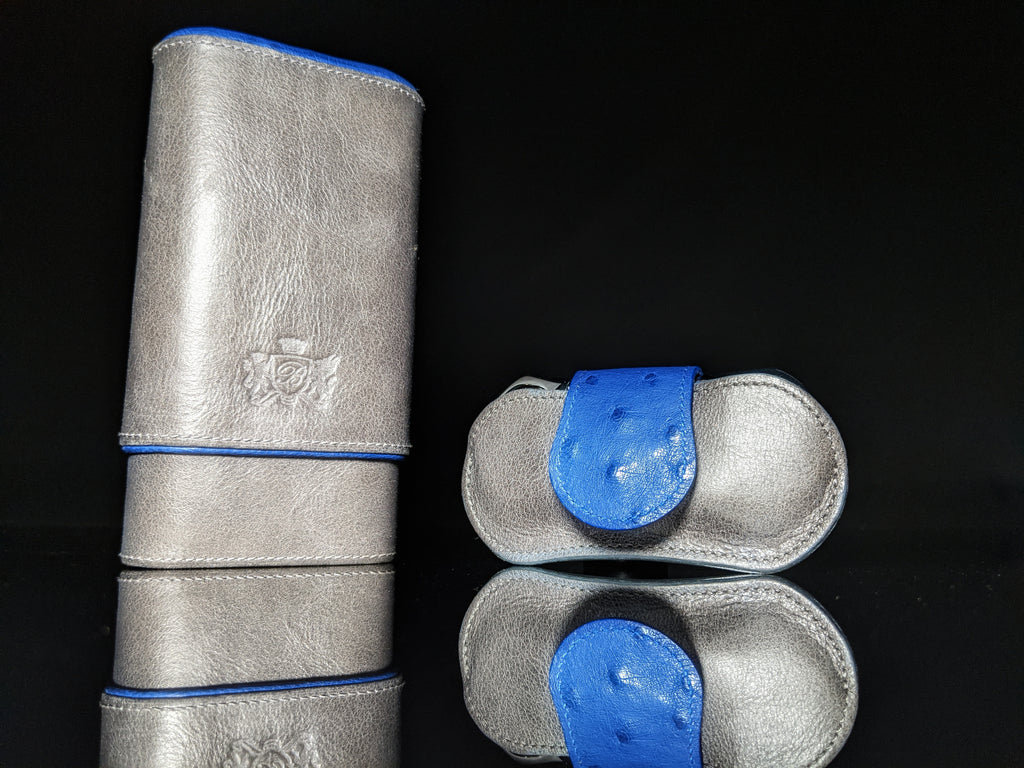 Brizard and Co. Blue Ostrich and Gray Leather Cigar Case and V-Cutter