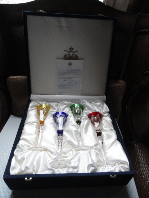 Faberge Palais Royal Colored Crystal Cordial Glasses Signed by Tatiana Faberge set of 4 NIB