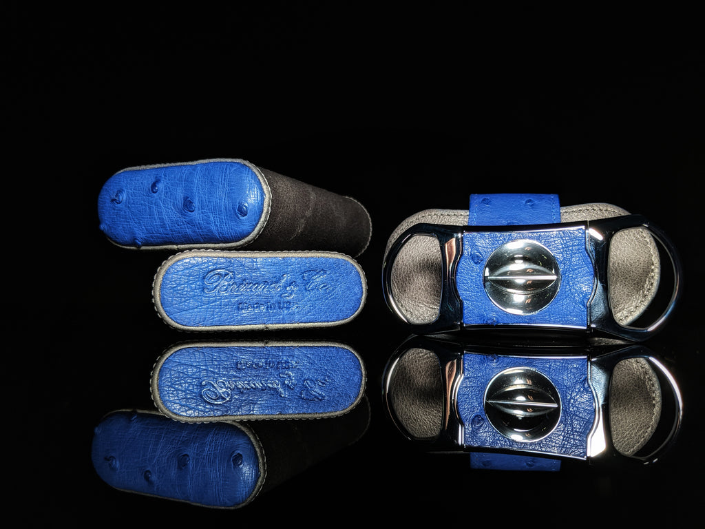 Brizard and Co. Blue Ostrich and Gray Leather Cigar Case and V-Cutter