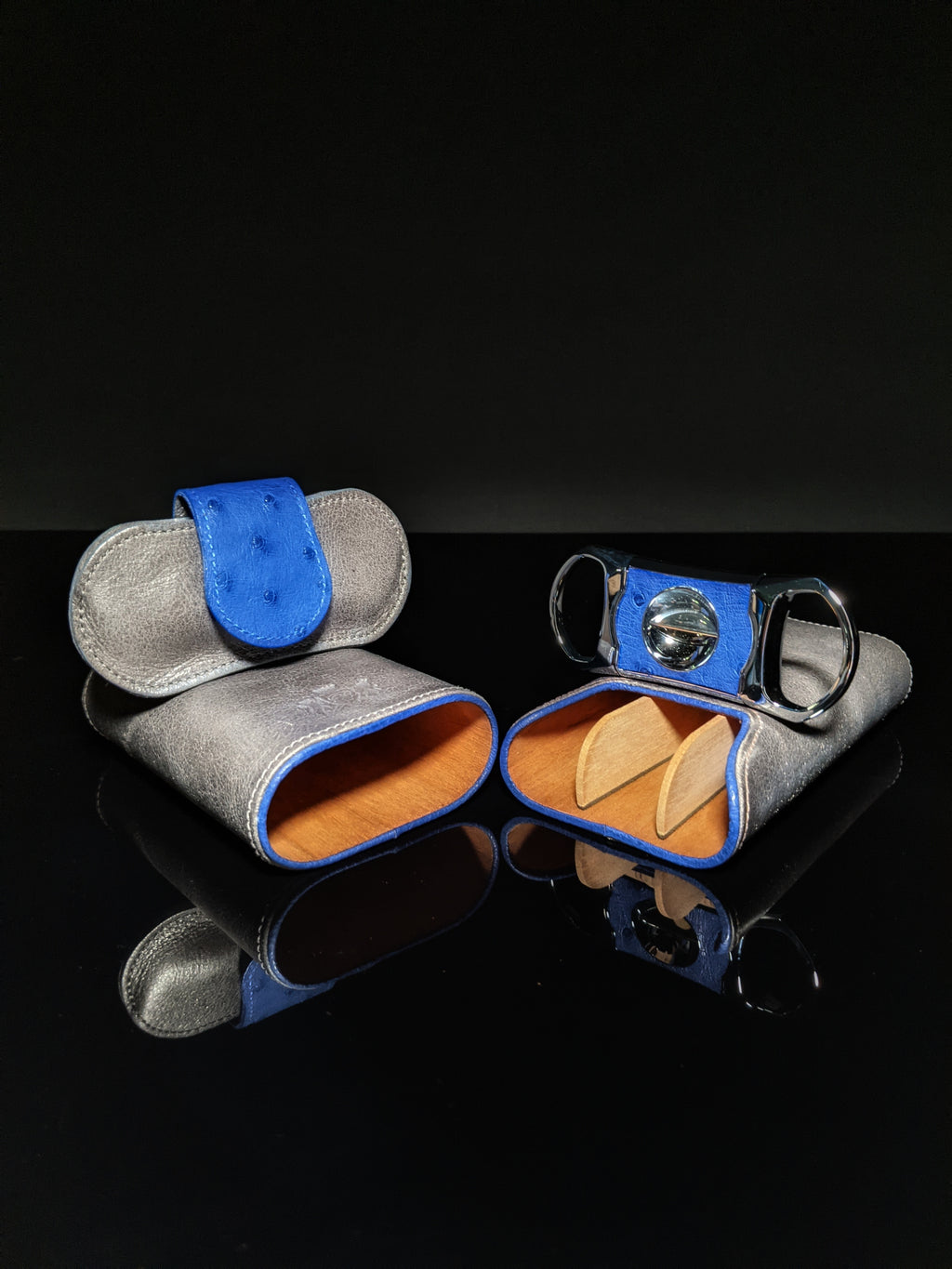 Brizard and Co. Blue Ostrich and Gray Leather Cigar Case and V-Cutter