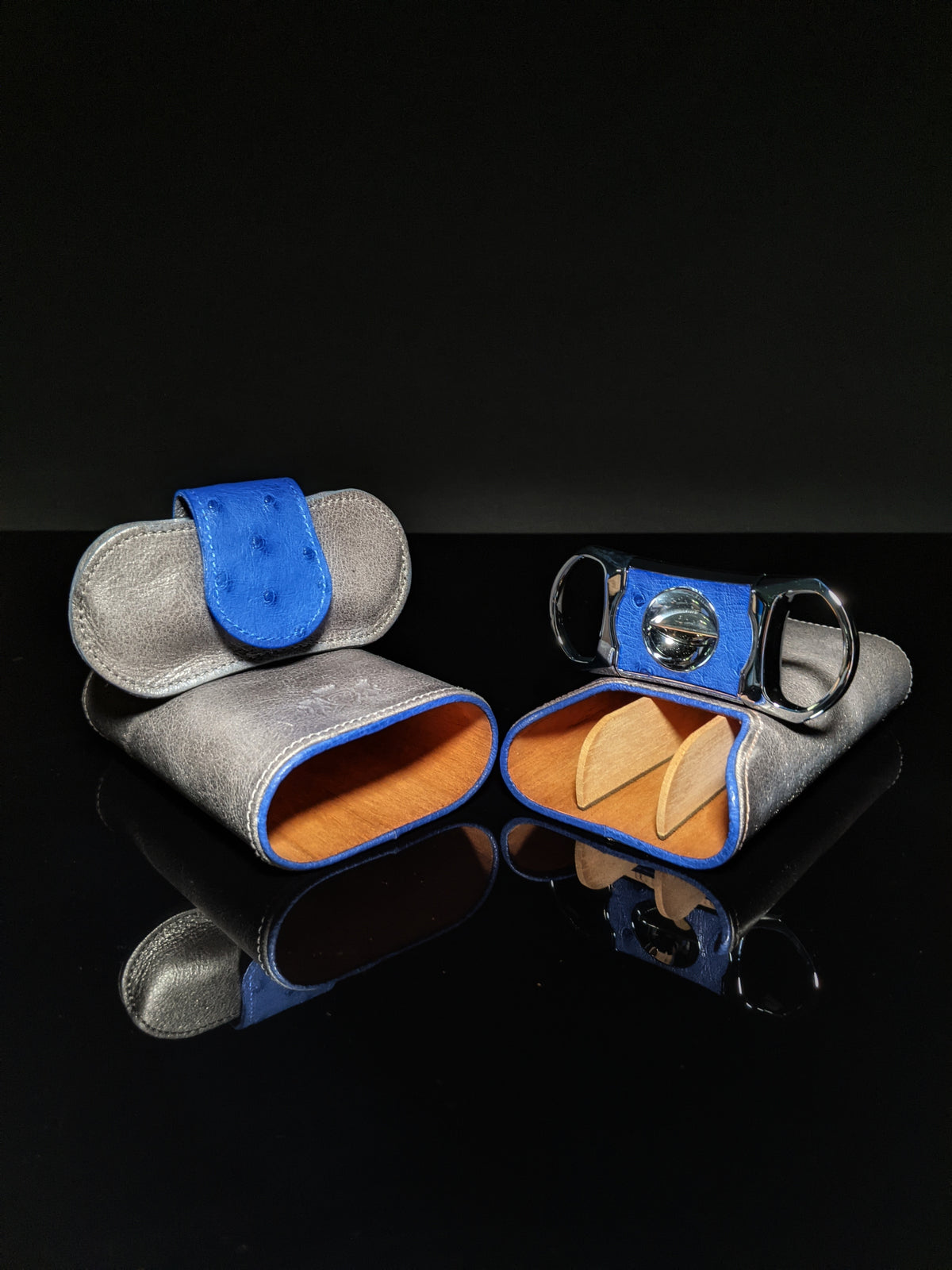 Brizard and Co. Blue Ostrich and Gray Leather Cigar Case and V-Cutter
