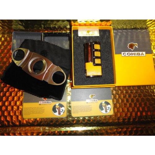 COHIBA  Stainless Steel Dual Blades Cutter & Lighter in boxes