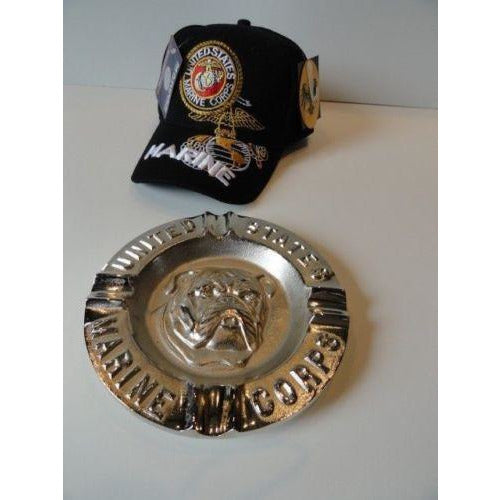 USMC Bulldog Ashtray & USMC Black Baseball Cap Combo