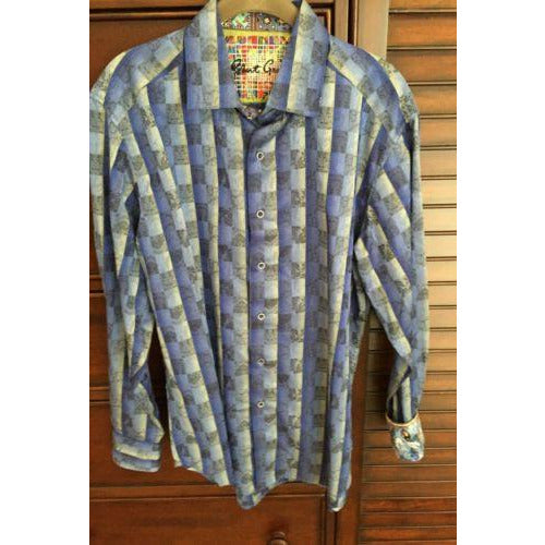 Robert Graham Blue Grey Check Elephant Motif Shirt — Medium