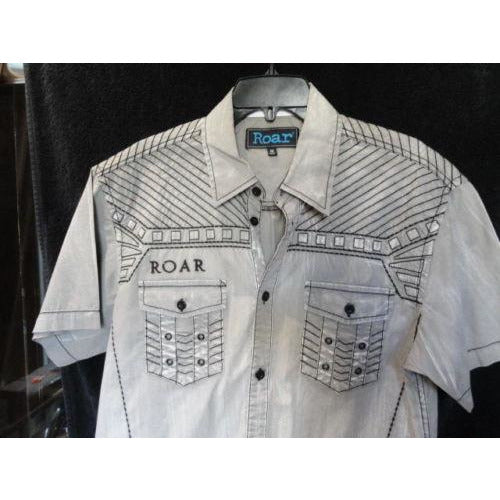 Roar mens  Gray  & Black embroidered casual designer shirt Medium