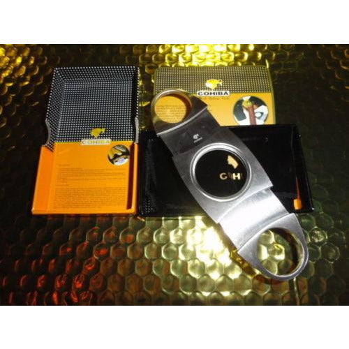 COHIBA  Stainless Steel Dual Blades Cigar Cutter &  Lighter in boxes