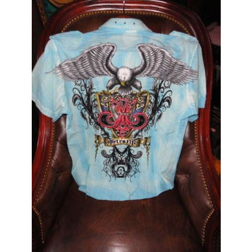Retrofit Medium size Short Sleeve Shirt Light Blue  with Embroidery Front & Back