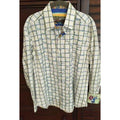 Robert Graham Cream Windowpane Check Teal Script Motif Shirt — Medium