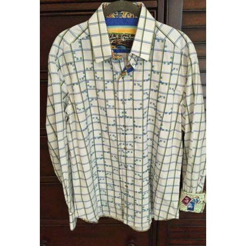 Robert Graham Cream Windowpane Check Teal Script Motif Shirt — Medium