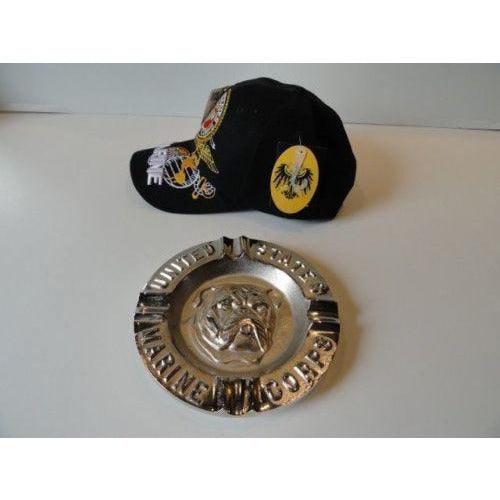 USMC Bulldog Ashtray & USMC Black Baseball Cap Combo