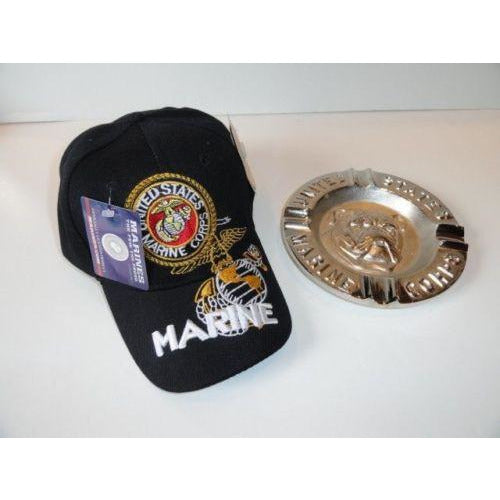 USMC Bulldog Ashtray & USMC Black Baseball Cap Combo