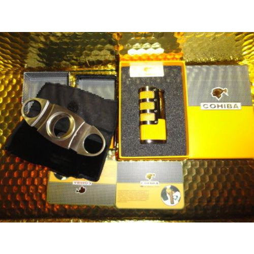COHIBA  Stainless Steel Dual Blades Cutter & Lighter in boxes