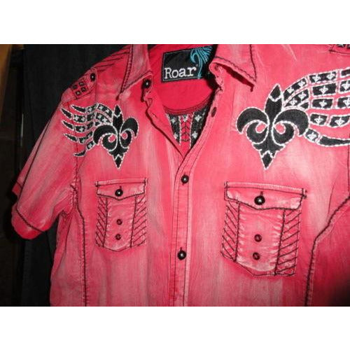 Roar mens  red  & black embroidered casual designer shirt Medium