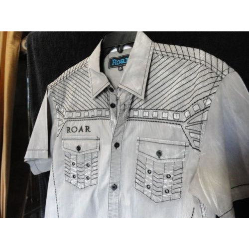 Roar mens  Gray  & Black embroidered casual designer shirt Medium