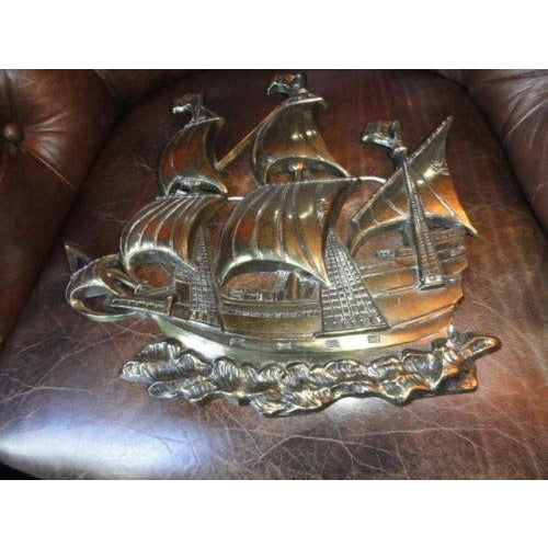 Brass Wall Plaque of Sailing Ship 15 " across by 13.25" H