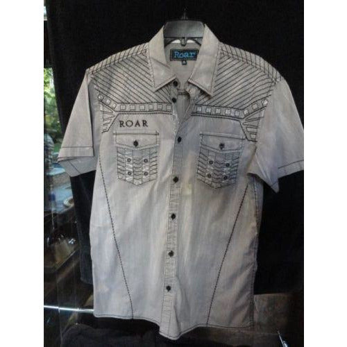 Roar mens  Gray  & Black embroidered casual designer shirt Medium