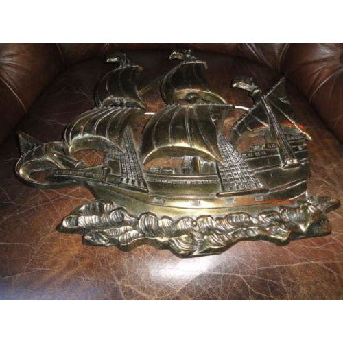 Brass Wall Plaque of Sailing Ship 15 " across by 13.25" H