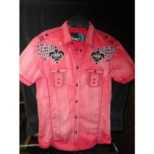 Roar mens  red  & black embroidered casual designer shirt Medium