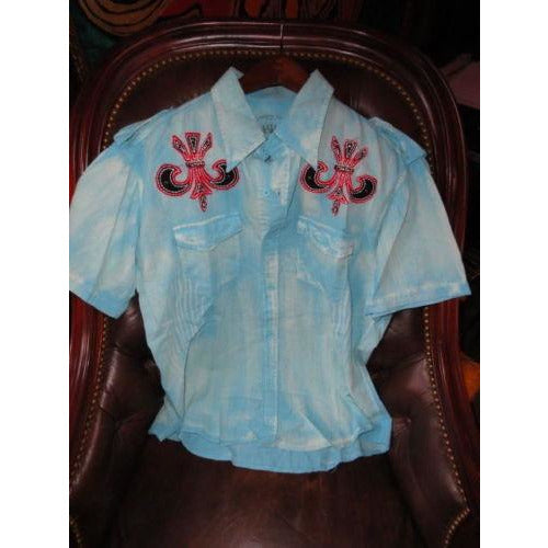 Retrofit Medium size Short Sleeve Shirt Light Blue  with Embroidery Front & Back