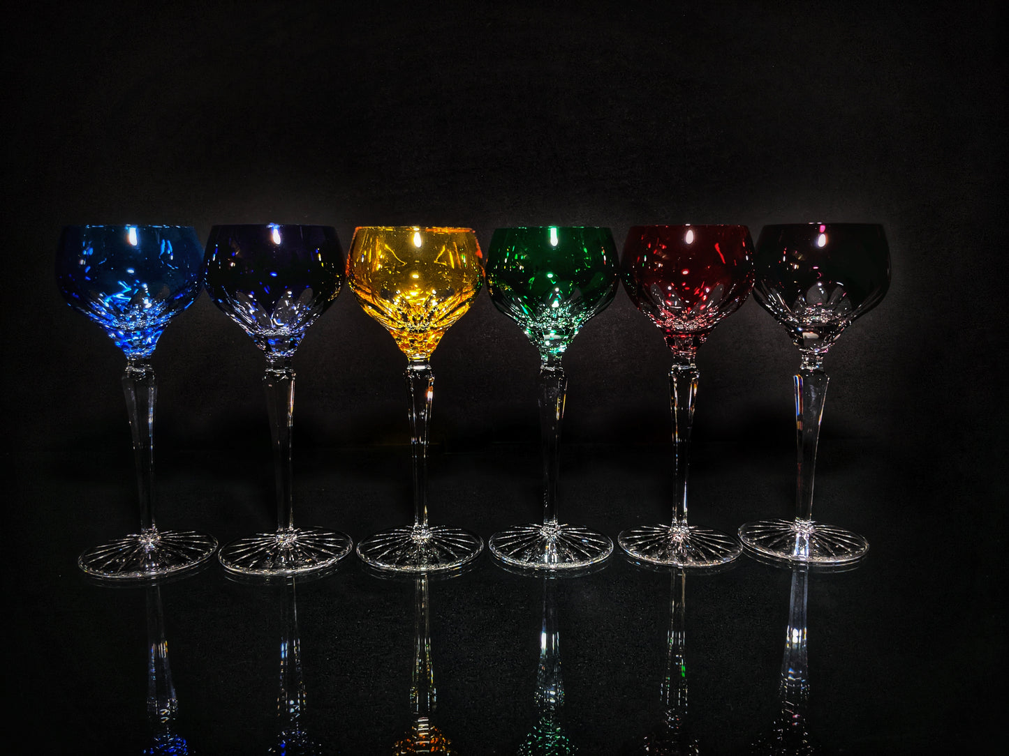 Faberge Colored Crystal Lausanne Hock Glasses. 8 1/2" H x 3 1/4" W