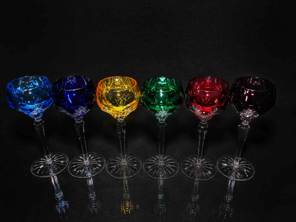 Faberge Colored Crystal Lausanne Hock Glasses. 8 1/2" H x 3 1/4" W