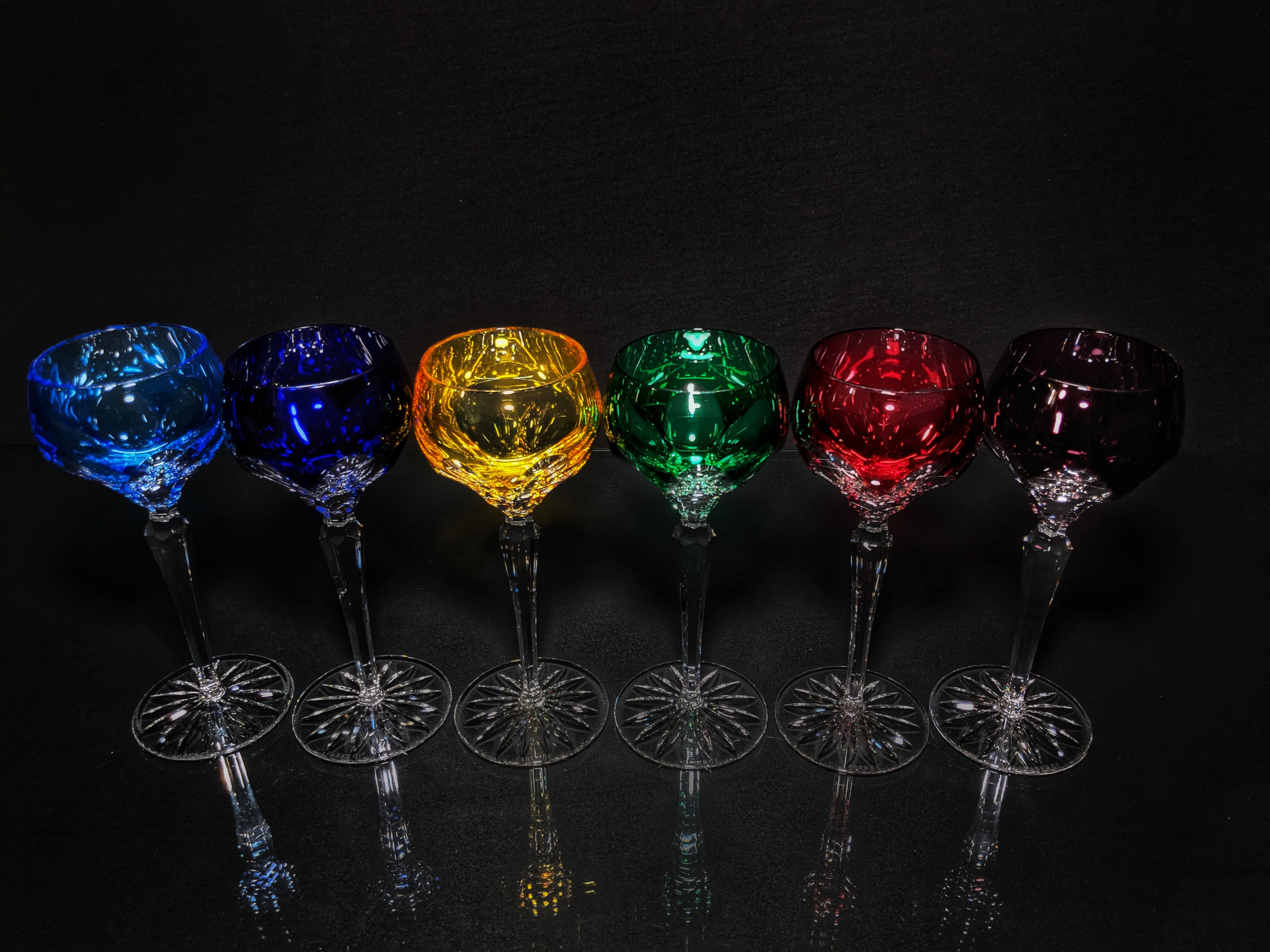 Faberge Colored Crystal Lausanne Hock Glasses. 8 1/2" H x 3 1/4" W