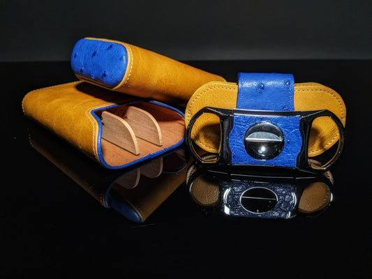 Brizard and Co Blue Ostrich and Camel Color Leather Case and V-Cutter