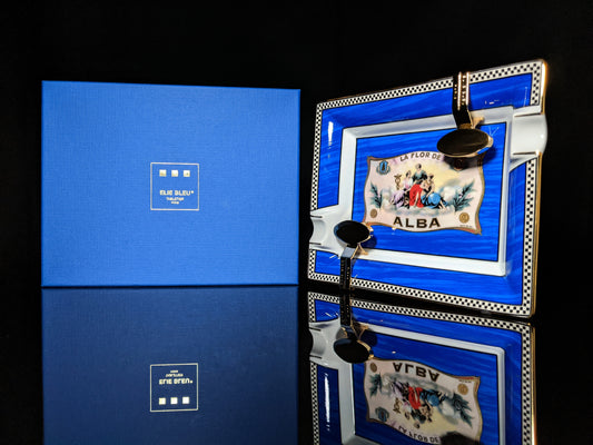 Elie Bleu Alba Porcelain Blue Ashtray with Gold Plated Rests NIB