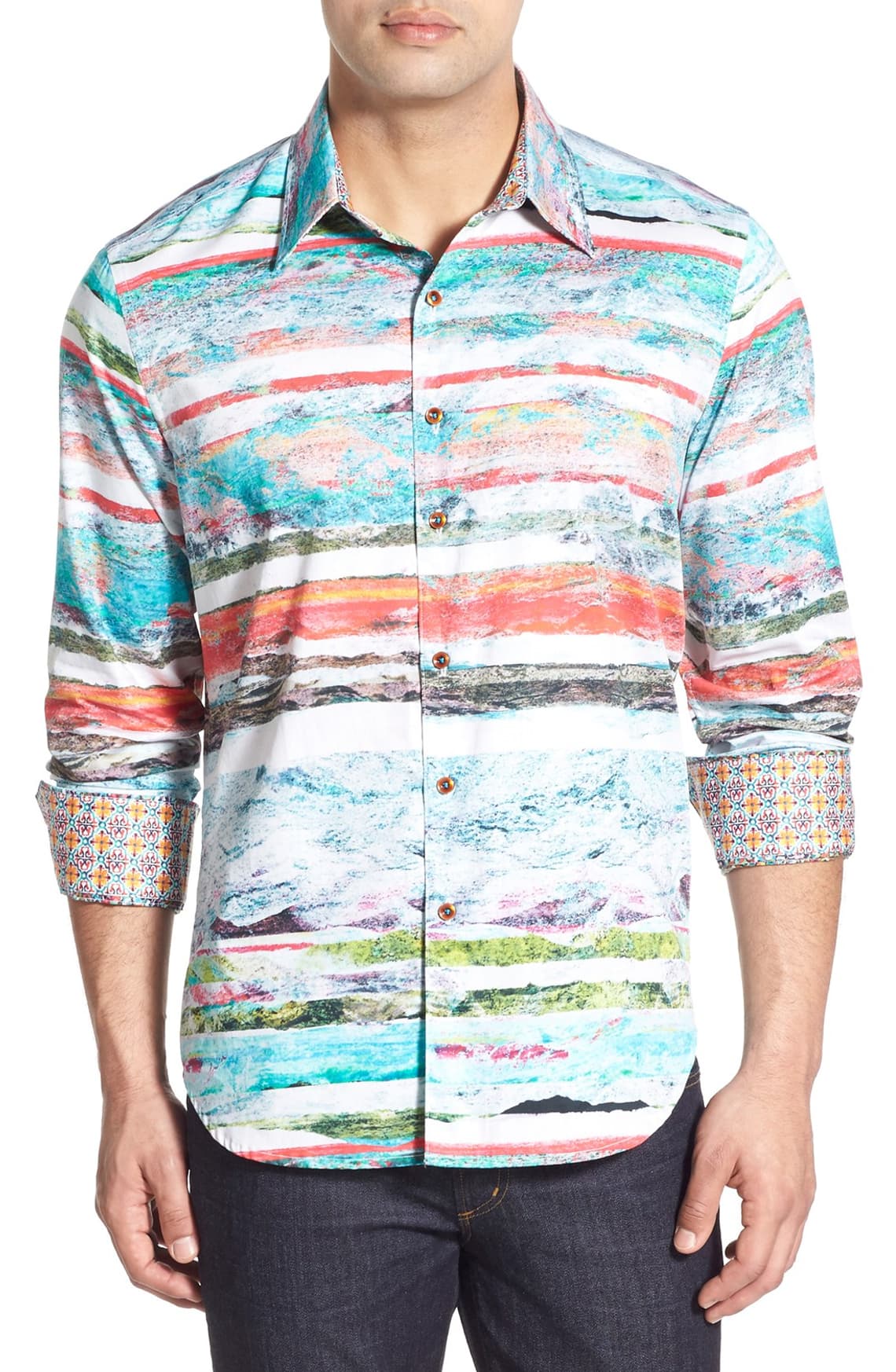 Robert Graham Bedouin Watercolor Landscape Stripe Shirt — Medium