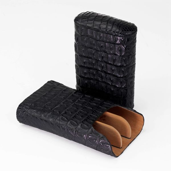 Brizard and Co. The "Show Band" 3 Cigar Case - Black Caiman Crocodile