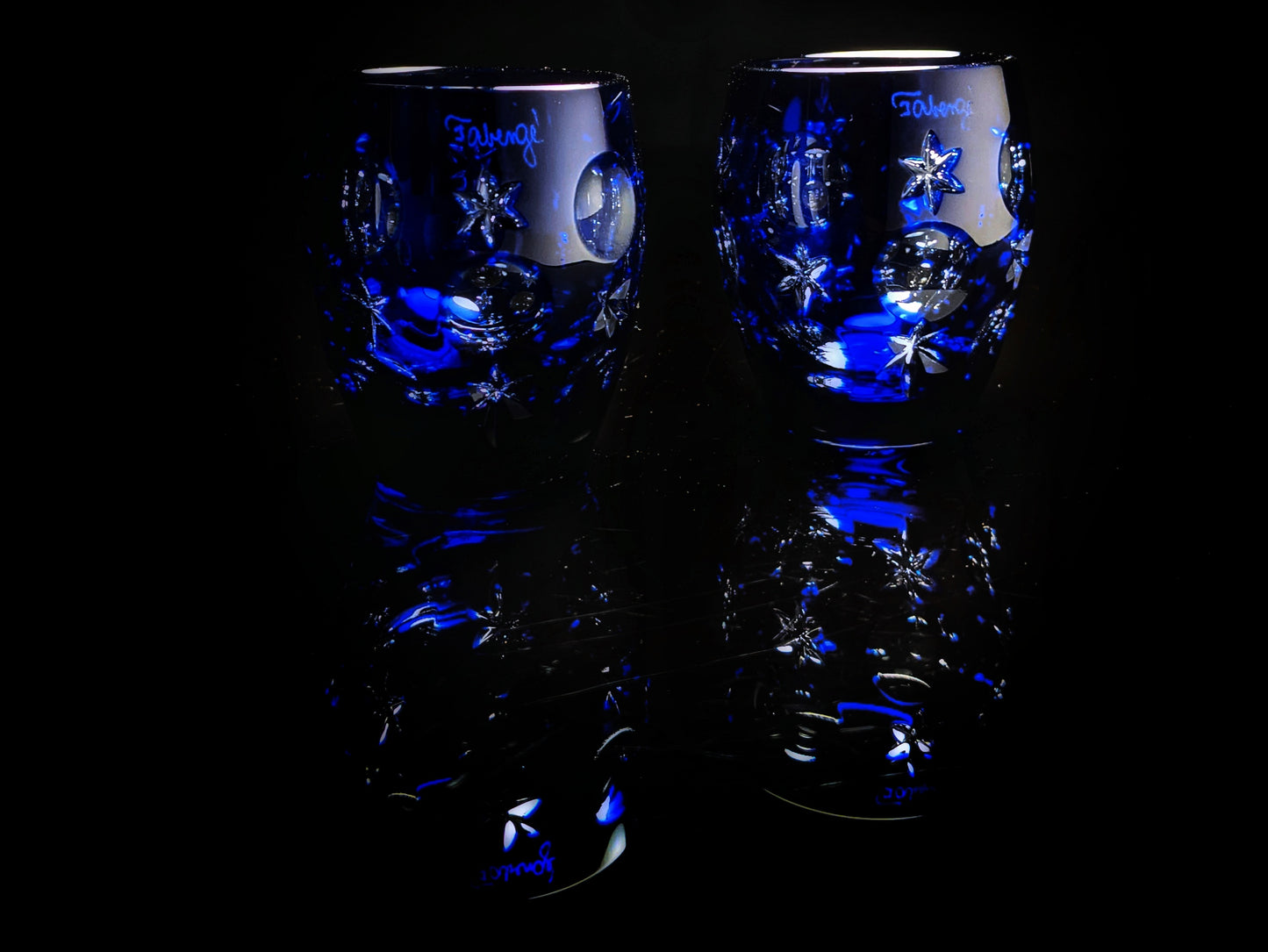 Faberge Galaxy Cobalt Blue Crystal Shot Glasses  Set of 2 NIB