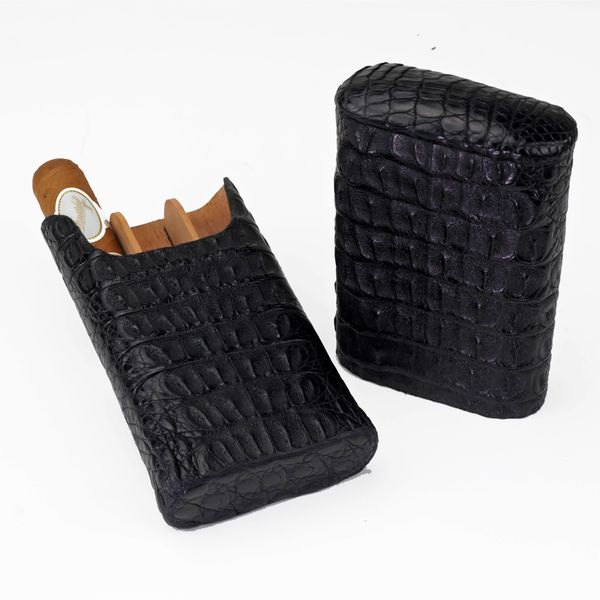 Brizard and Co. The "Show Band" 3 Cigar Case - Black Caiman Crocodile