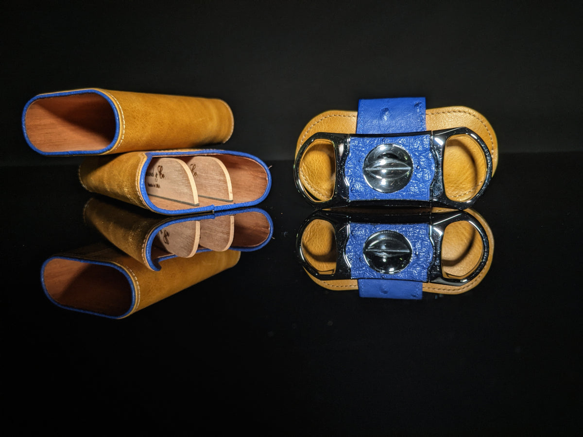 Brizard and Co Blue Ostrich and Camel Color Leather Case and V-Cutter