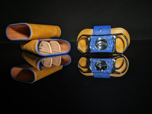 Brizard and Co Blue Ostrich and Camel Color Leather Case and V-Cutter