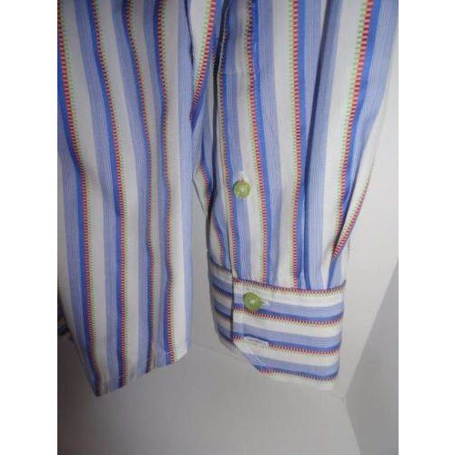 Robert Graham Blue White Satin Stripe Shirt — Medium