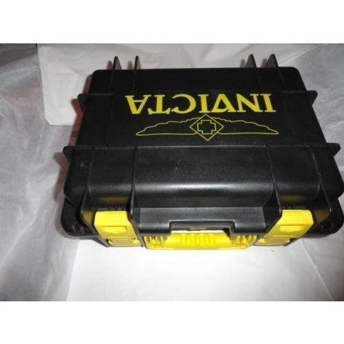 Invicta watch carrying case in grey with yellow handles holds 8 watches