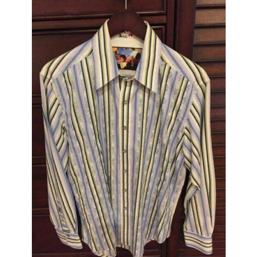 Robert Graham Blue Yellow Green Stripe Contrast Cuff Shirt — Medium