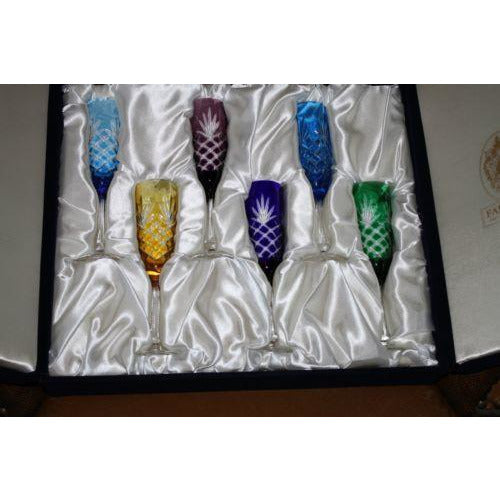 Faberge Crystal Colored  Flutes  set of 6 Glasses