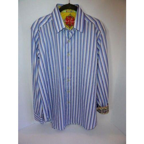 Robert Graham Blue White Satin Stripe Shirt — Medium